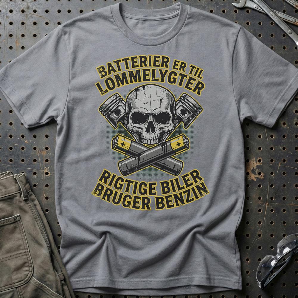 Batterier Er Til Lommelygter Rigtige Biler Bruger Benzin - Unisex T-Shirt , Bomuld-Beklædning-Garage Culture-Grå Sport-S-Garage Culture Shop- garage - man cave - merchandise