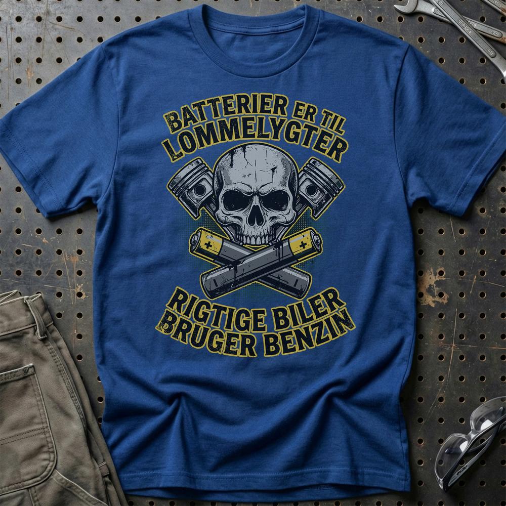 Batterier Er Til Lommelygter Rigtige Biler Bruger Benzin - Unisex T-Shirt , Bomuld-Beklædning-Garage Culture-Blå Royal-S-Garage Culture Shop- garage - man cave - merchandise