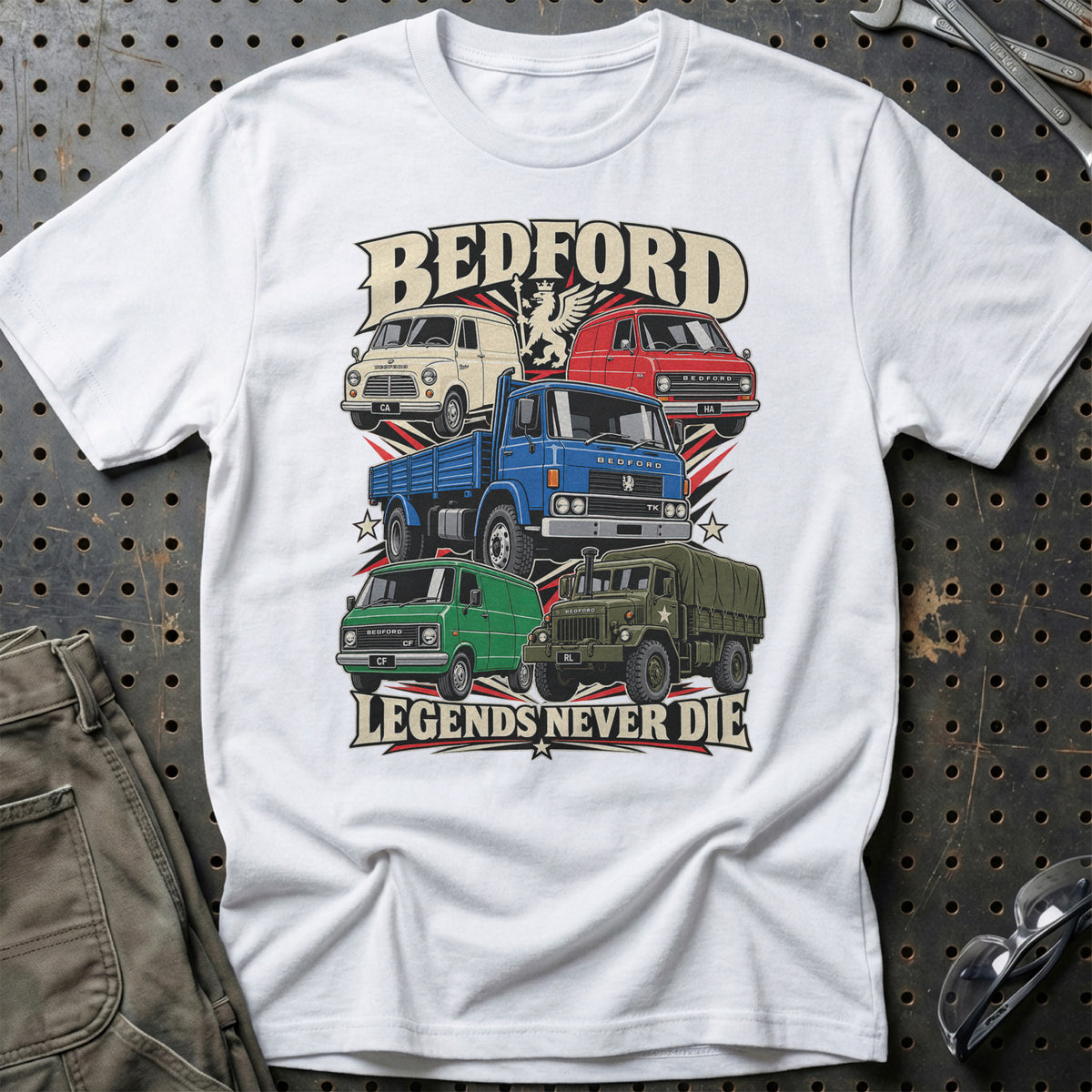 Bedford Legends Never Die T-Shirt-Beklædning-Bedford-Hvid-S-Garage Culture Shop- garage - man cave - merchandise