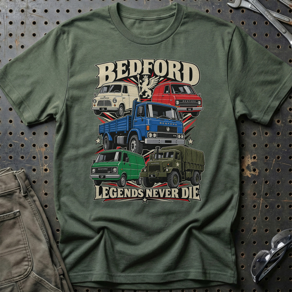 Bedford Legends Never Die T-Shirt-Beklædning-Bedford-Grøn Militær-S-Garage Culture Shop- garage - man cave - merchandise