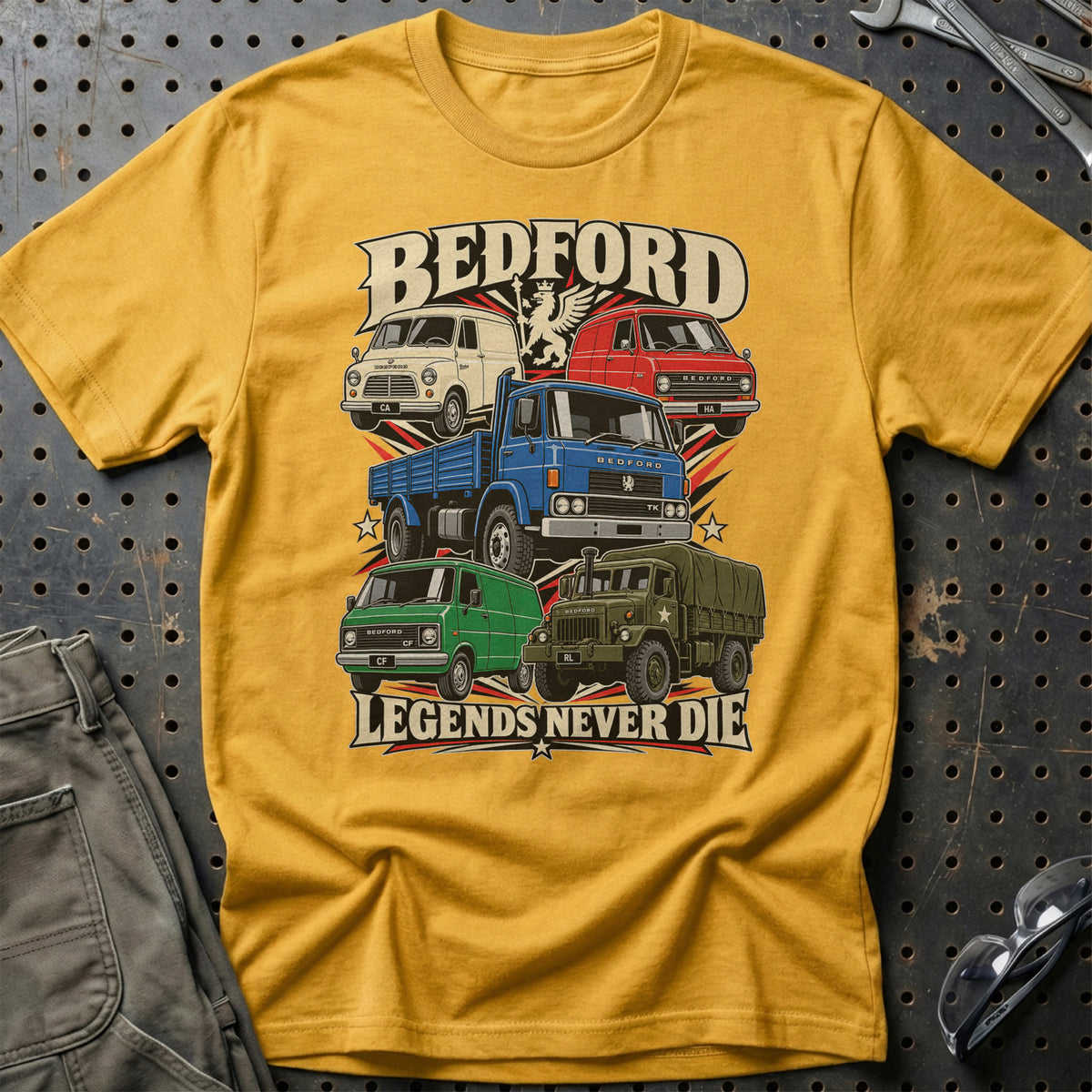Bedford Legends Never Die T-Shirt-Beklædning-Bedford-Guld-S-Garage Culture Shop- garage - man cave - merchandise