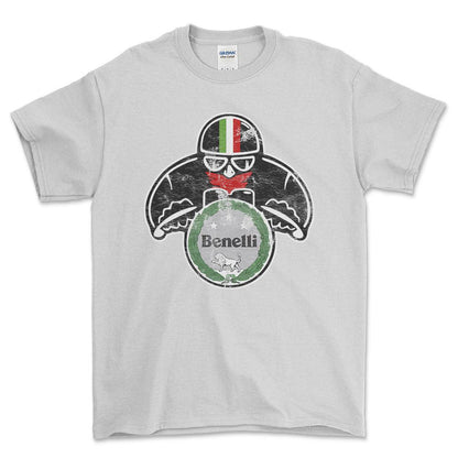 Benelli Biker Vintage Style Unisex T-Shirt , Bomuld-Beklædning-Benelli-Hvid-S-Forside-Garage Culture Shop- garage - man cave - merchandise