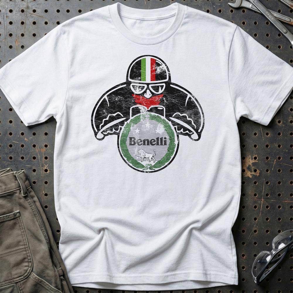 Benelli Biker Vintage Style Unisex T-Shirt , Bomuld-Beklædning-Benelli-Hvid-S-Garage Culture Shop- garage - man cave - merchandise