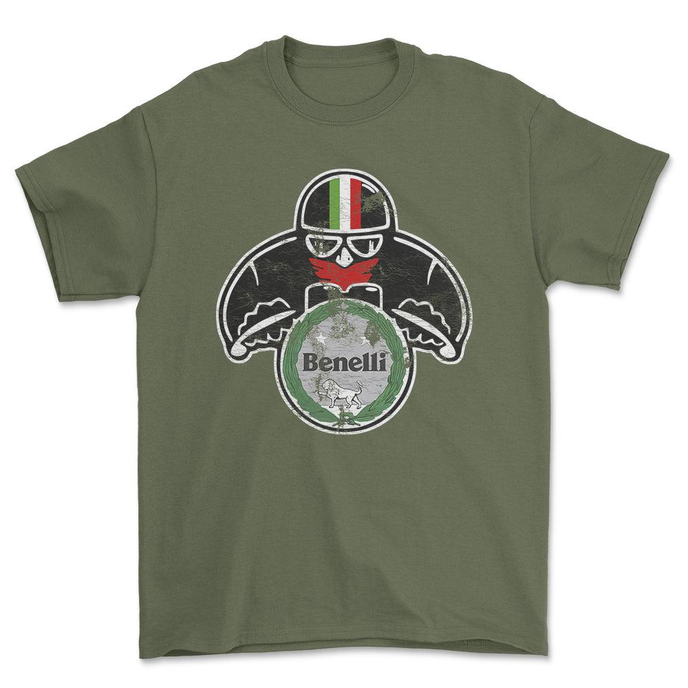 Benelli Biker Vintage Style Unisex T-Shirt , Bomuld-Beklædning-Benelli-Grøn Militær-S-Forside-Garage Culture Shop- garage - man cave - merchandise