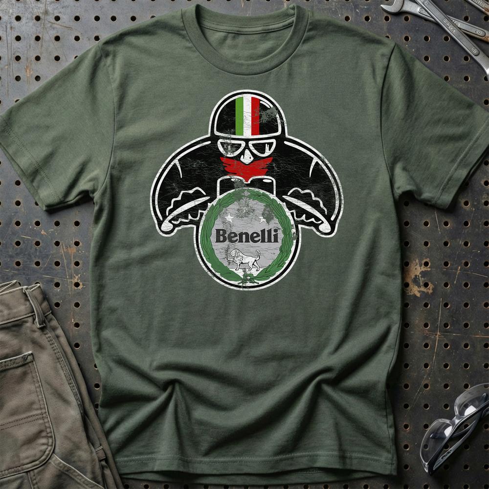 Benelli Biker Vintage Style Unisex T-Shirt , Bomuld-Beklædning-Benelli-Grøn Militær-S-Garage Culture Shop- garage - man cave - merchandise