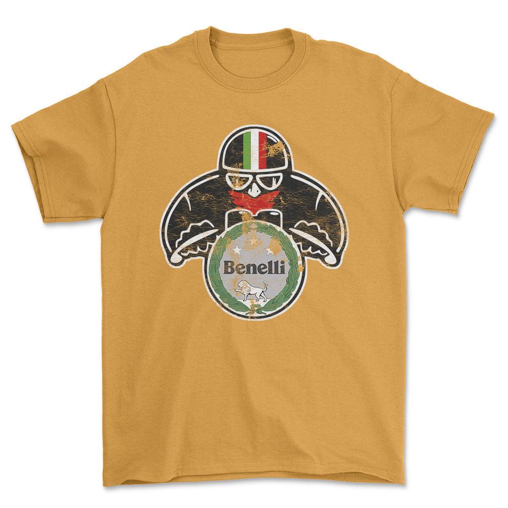 Benelli Biker Vintage Style Unisex T-Shirt , Bomuld-Beklædning-Benelli-Guld-S-Forside-Garage Culture Shop- garage - man cave - merchandise