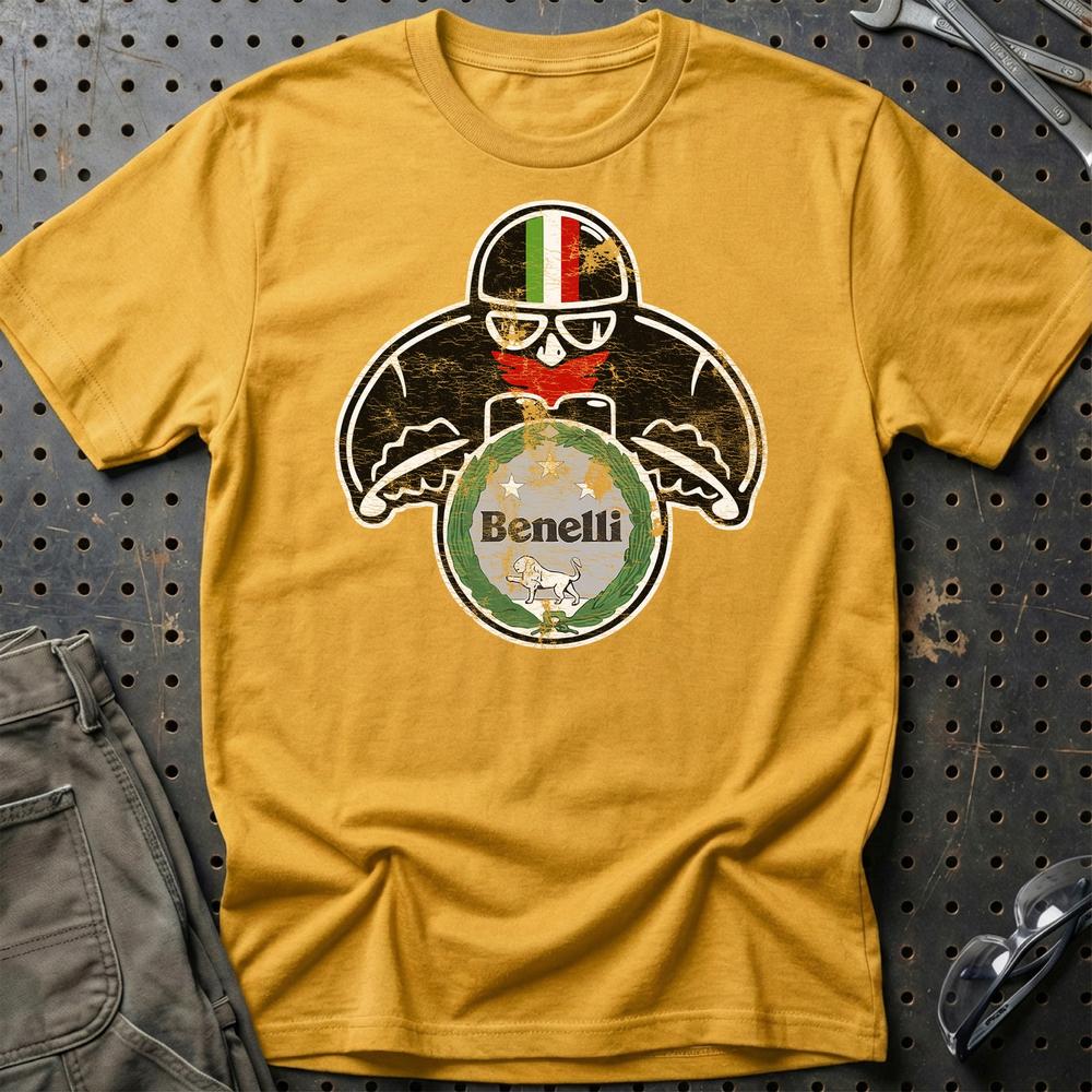 Benelli Biker Vintage Style Unisex T-Shirt , Bomuld-Beklædning-Benelli-Guld-S-Garage Culture Shop- garage - man cave - merchandise