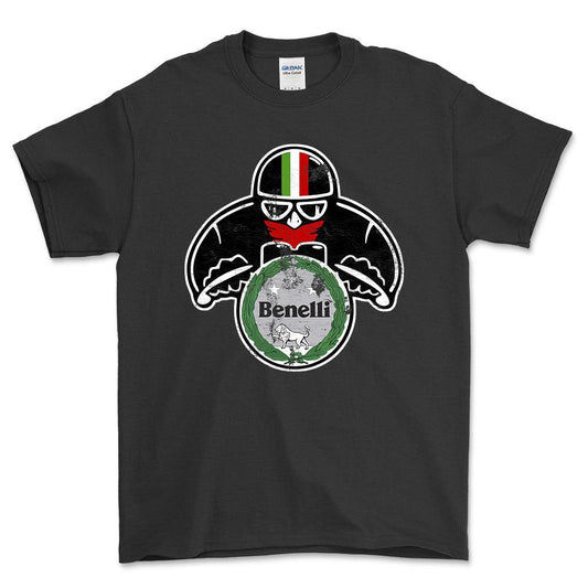 Benelli Biker Vintage Style Unisex T-Shirt , Bomuld-Beklædning-Benelli-Sort-S-Forside-Garage Culture Shop- garage - man cave - merchandise