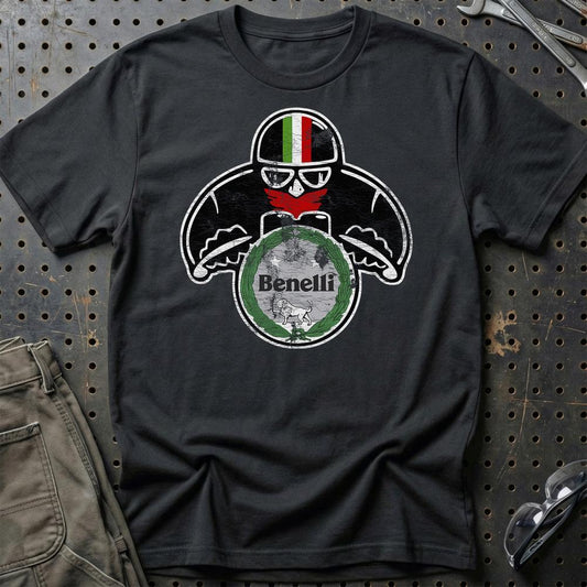 Benelli Biker Vintage Style Unisex T-Shirt , Bomuld-Beklædning-Benelli-Sort-S-Garage Culture Shop- garage - man cave - merchandise