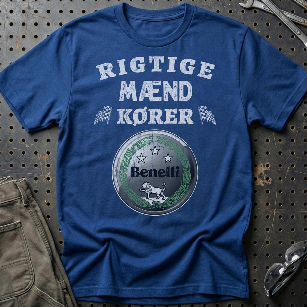 Benelli Rigtige Mænd Kører - Unisex T-Shirt , Bomuld-Beklædning-Benelli-Blå Royal-S-Garage Culture Shop- garage - man cave - merchandise