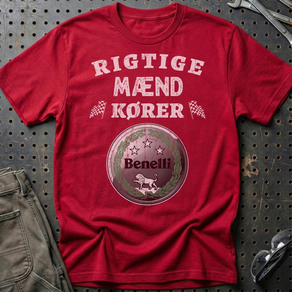Benelli Rigtige Mænd Kører - Unisex T-Shirt , Bomuld-Beklædning-Benelli-Rød-S-Garage Culture Shop- garage - man cave - merchandise