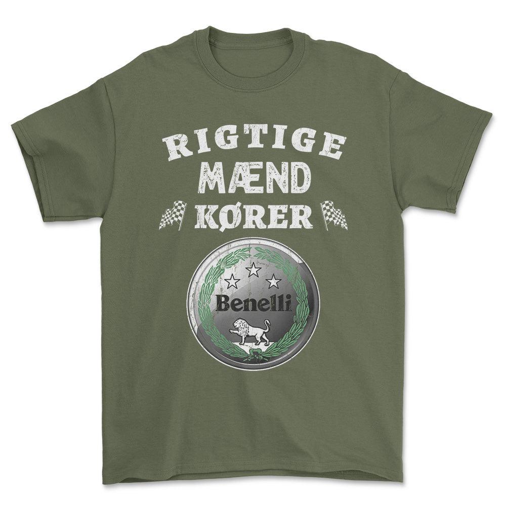 Benelli Rigtige Mænd Kører - Unisex T-Shirt , Bomuld-Beklædning-Benelli-Grøn Militær-S-Forside-Garage Culture Shop- garage - man cave - merchandise