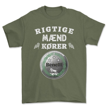 Benelli Rigtige Mænd Kører - Unisex T-Shirt , Bomuld-Beklædning-Benelli-Grøn Militær-S-Forside-Garage Culture Shop- garage - man cave - merchandise