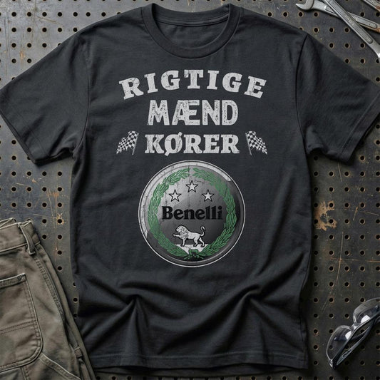 Benelli Rigtige Mænd Kører - Unisex T-Shirt , Bomuld-Beklædning-Benelli-Sort-S-Garage Culture Shop- garage - man cave - merchandise