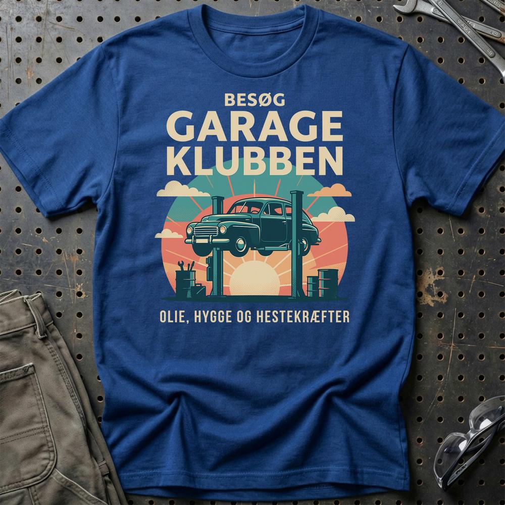 Besøg Garage Klubben Olie Hygge Hestekræfter - Unisex T-Shirt , Bomuld-Beklædning-Garage Culture-Blå Royal-S-Garage Culture Shop- garage - man cave - merchandise