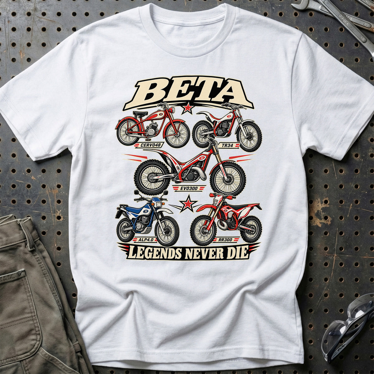 Beta Legends Never Die T-Shirt-Beklædning-Beta-Hvid-S-Garage Culture Shop- garage - man cave - merchandise