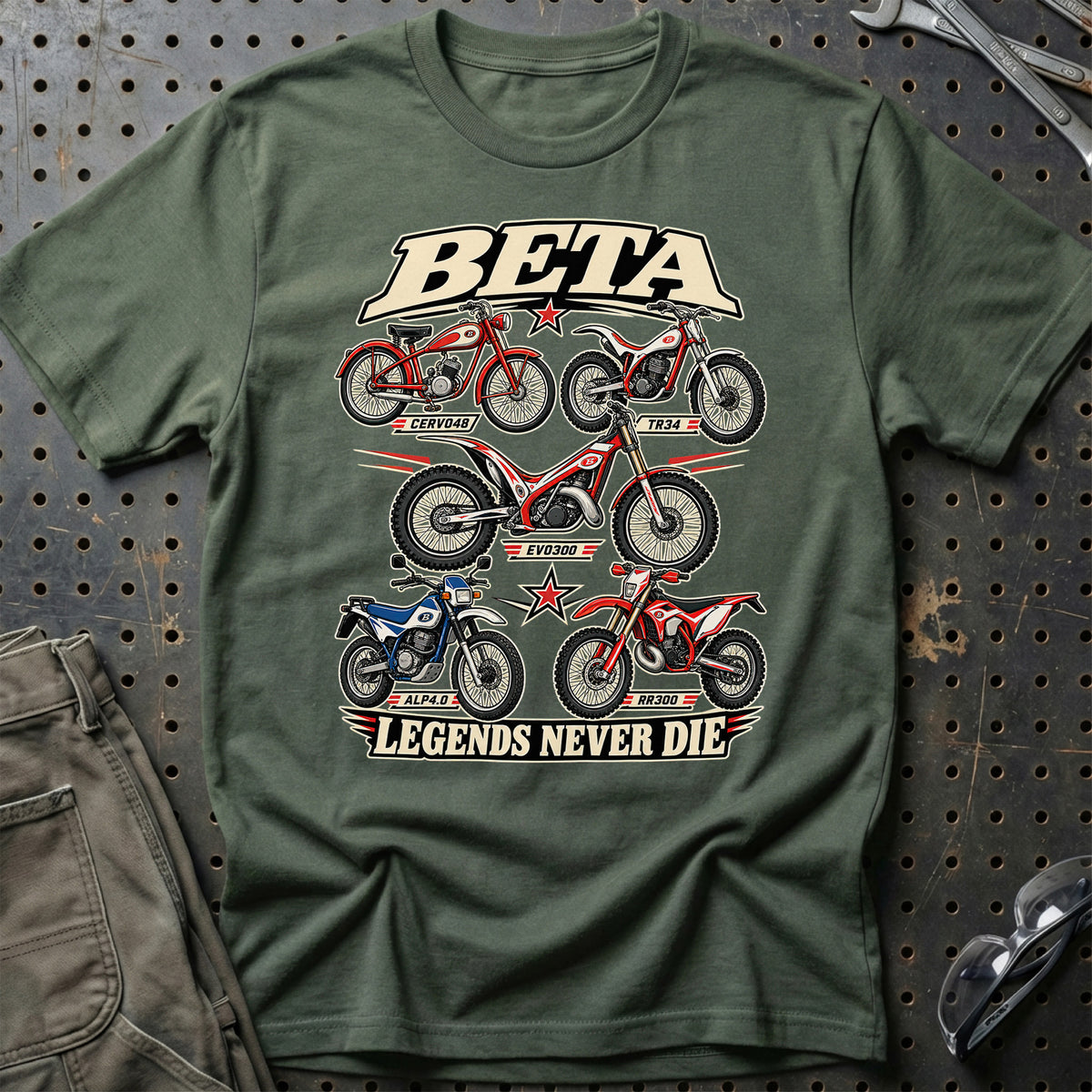 Beta Legends Never Die T-Shirt-Beklædning-Beta-Grøn Militær-S-Garage Culture Shop- garage - man cave - merchandise