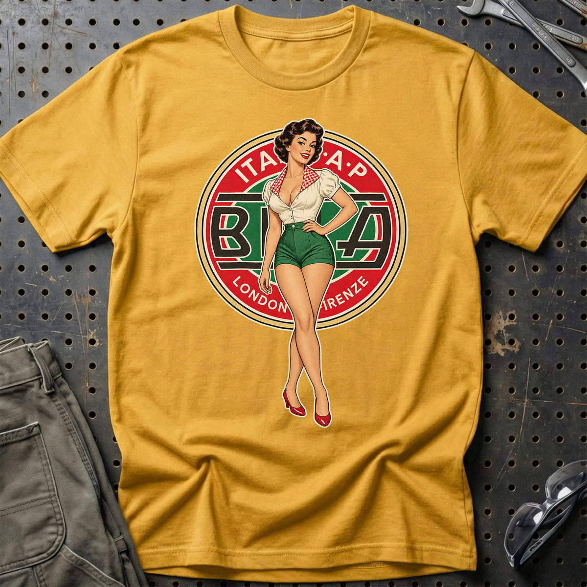 Beta Retro Pinup T-Shirt-Beklædning-Beta-Guld-S-Garage Culture Shop- garage - man cave - merchandise