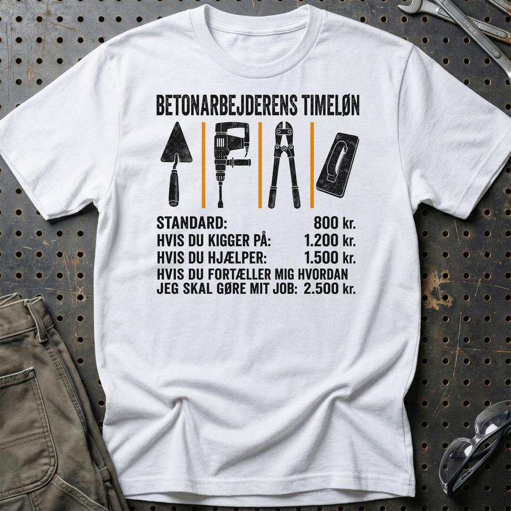 Betonarbejderens Timeløn – Unisex T-Shirt, Bomuld-Beklædning-Garage Culture-Hvid-S-Garage Culture Shop- garage - man cave - merchandise
