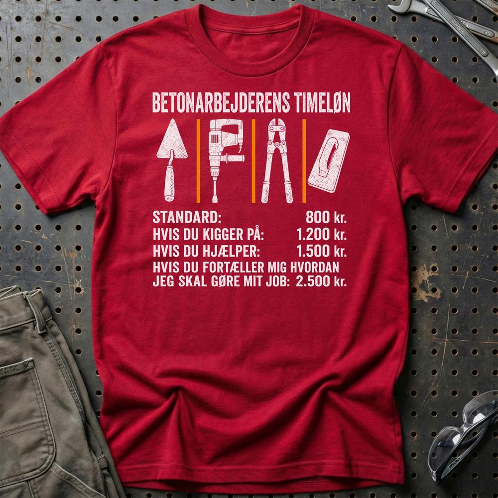 Betonarbejderens Timeløn – Unisex T-Shirt, Bomuld-Beklædning-Garage Culture-Rød-S-Garage Culture Shop- garage - man cave - merchandise