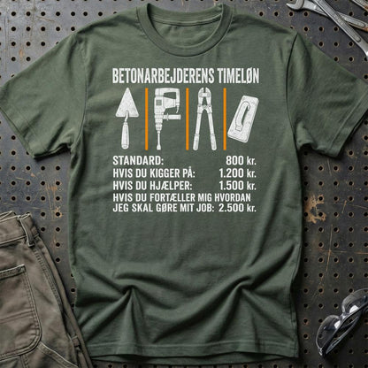 Betonarbejderens Timeløn – Unisex T-Shirt, Bomuld-Beklædning-Garage Culture-Grøn Militær-S-Garage Culture Shop- garage - man cave - merchandise