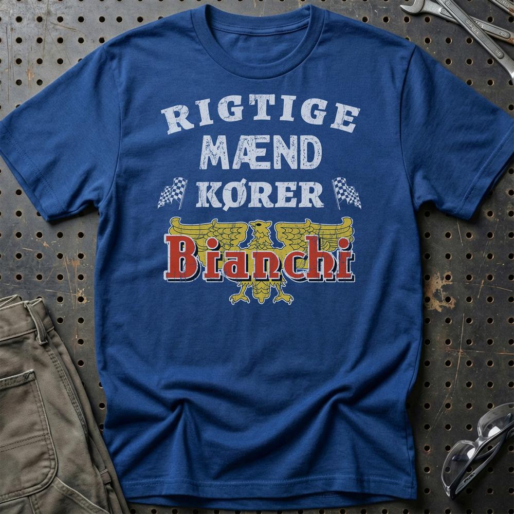 Bianchi Rigtige Mænd Kører - Unisex T-Shirt , Bomuld-Beklædning-Bianchi-Blå Royal-S-Garage Culture Shop- garage - man cave - merchandise