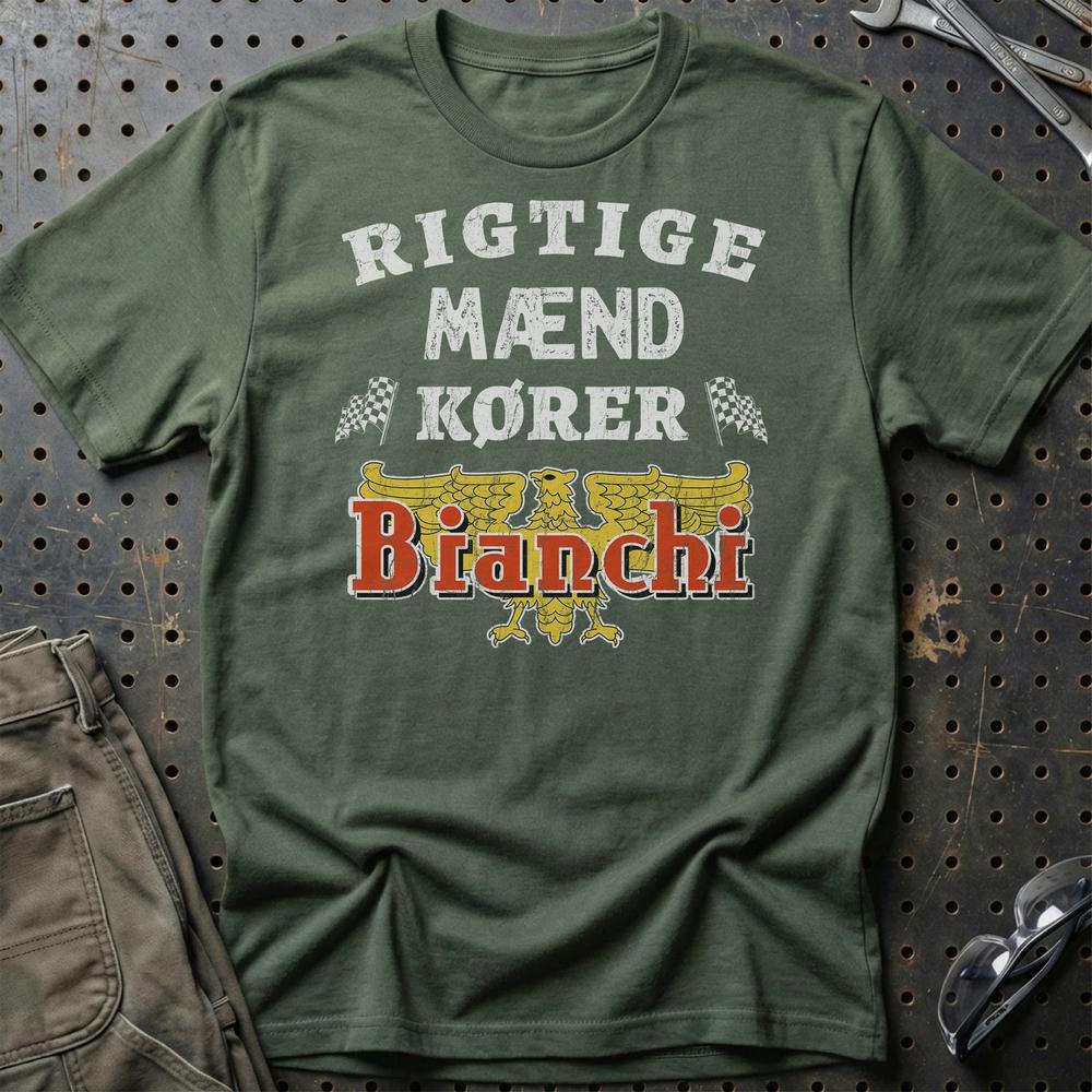 Bianchi Rigtige Mænd Kører - Unisex T-Shirt , Bomuld-Beklædning-Bianchi-Grøn Militær-S-Garage Culture Shop- garage - man cave - merchandise
