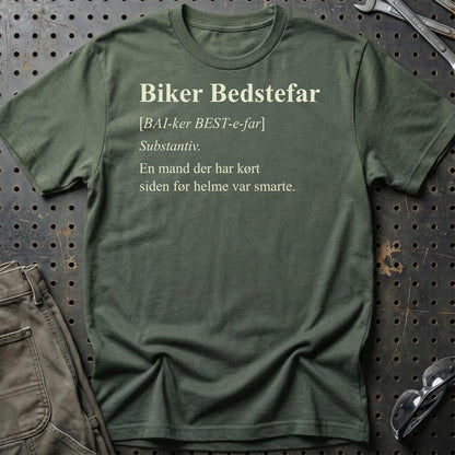 Biker Bedstefar – Ægte MC Legende – Unisex T-Shirt , Bomuld-Beklædning-Garage Culture-Grøn Militær-S-Garage Culture Shop- garage - man cave - merchandise