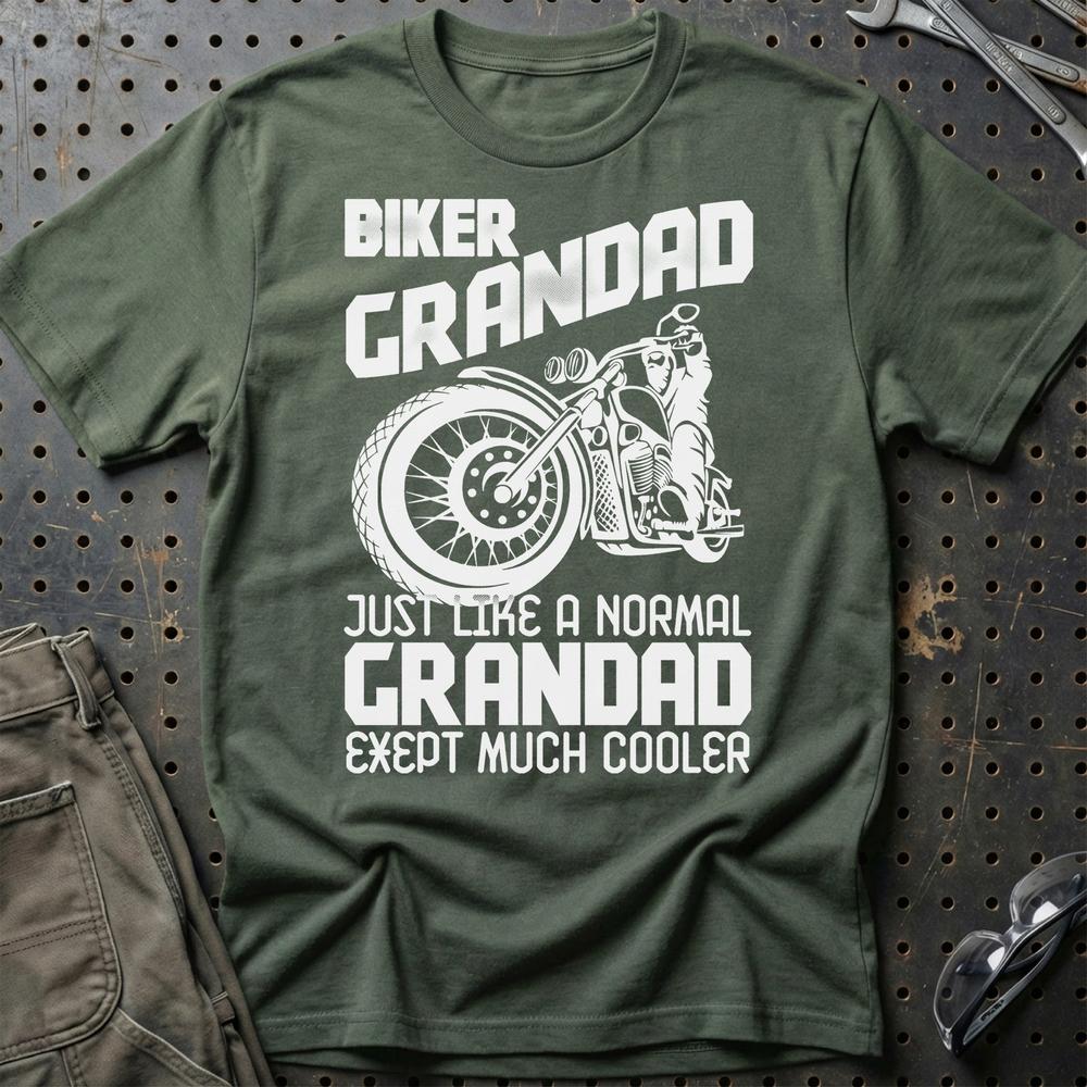 Biker Grandad Just Like A Normal Grandad Exept Much Cooler Unisex T-Shirt , Bomuld-Beklædning-Biker-Grøn Militær-S-Garage Culture Shop- garage - man cave - merchandise