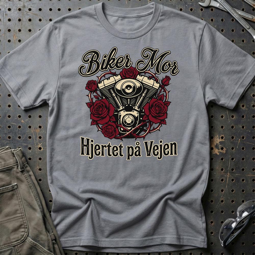 Biker Mor T-Shirt – Hjertet på Vejen | Motorcykel Mor – Unisex T-Shirt , Bomuld-Beklædning-Garage Culture-Grå Sport-S-Garage Culture Shop- garage - man cave - merchandise