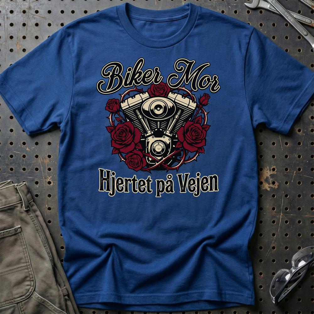 Biker Mor T-Shirt – Hjertet på Vejen | Motorcykel Mor – Unisex T-Shirt , Bomuld-Beklædning-Garage Culture-Blå Royal-S-Garage Culture Shop- garage - man cave - merchandise