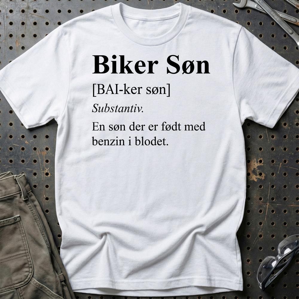Biker Søn – Benzin i Blodet – Unisex T-Shirt , Bomuld-Beklædning-Garage Culture-Hvid-S-Garage Culture Shop- garage - man cave - merchandise