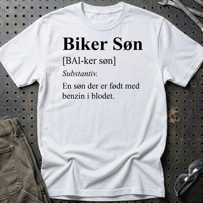Biker Søn – Benzin i Blodet – Unisex T-Shirt , Bomuld-Beklædning-Garage Culture-Hvid-S-Garage Culture Shop- garage - man cave - merchandise