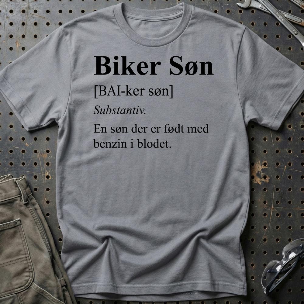 Biker Søn – Benzin i Blodet – Unisex T-Shirt , Bomuld-Beklædning-Garage Culture-Grå Sport-S-Garage Culture Shop- garage - man cave - merchandise