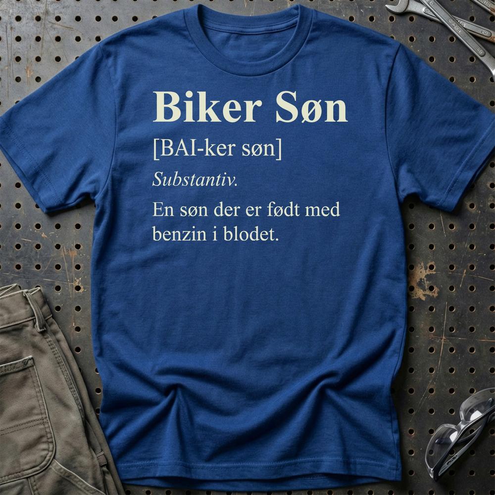 Biker Søn – Benzin i Blodet – Unisex T-Shirt , Bomuld-Beklædning-Garage Culture-Blå Royal-S-Garage Culture Shop- garage - man cave - merchandise