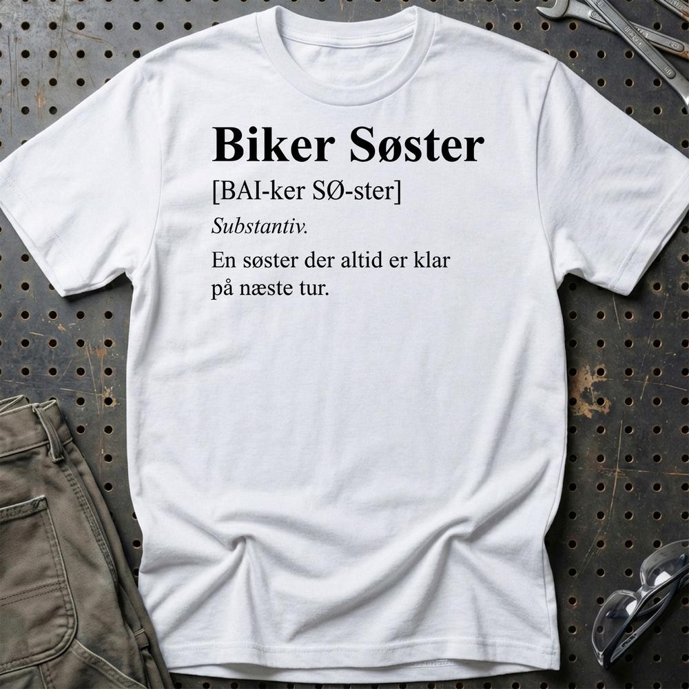 Biker Søster – Klar til Næste Tur – Unisex T-Shirt , Bomuld-Beklædning-Garage Culture-Hvid-S-Garage Culture Shop- garage - man cave - merchandise