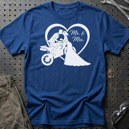 Bikerbrudepar – Mr. & Mrs. – Unisex T-Shirt , Bomuld-Beklædning-Garage Culture-Blå Royal-S-Garage Culture Shop- garage - man cave - merchandise