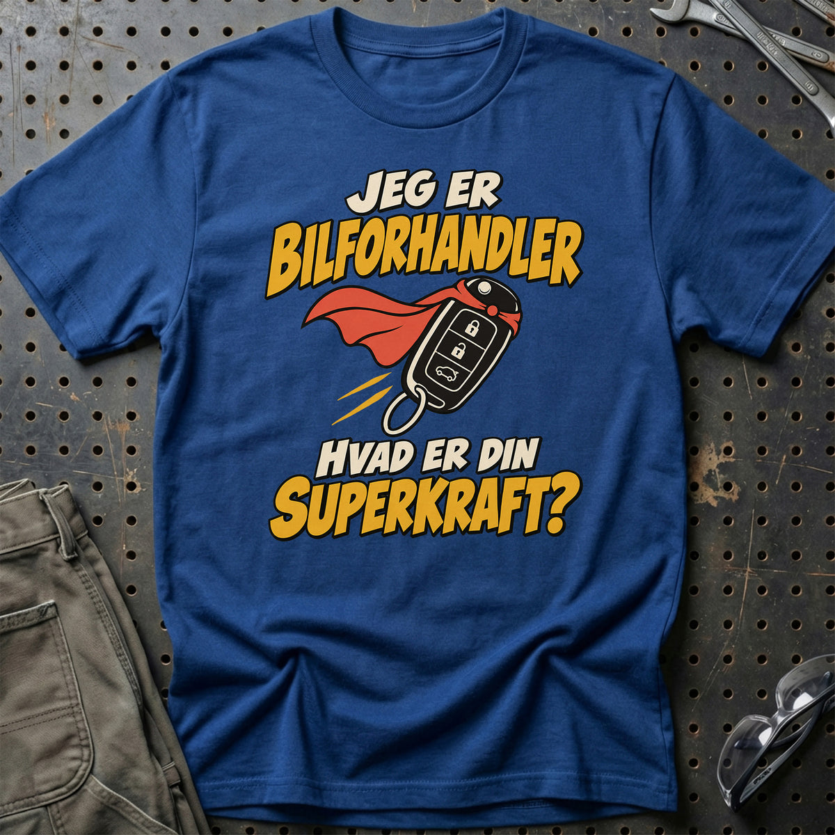 
Bilforhandler – Hvad er din superkraft? – Unisex T-Shirt – Blå Royal
