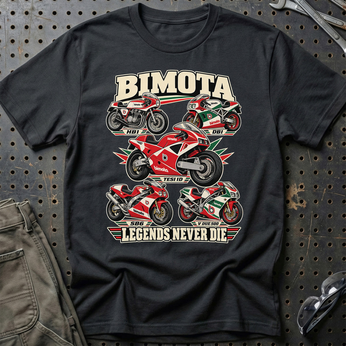 Bimota Legends Never Die T-Shirt-Beklædning-Bimota-Sort-S-Garage Culture Shop- garage - man cave - merchandise