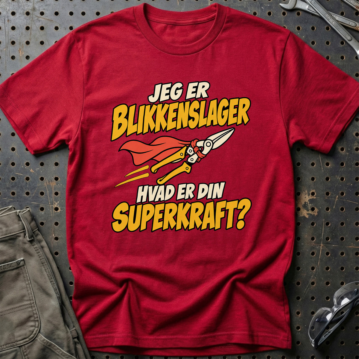 
Blikkenslager – Hvad er din superkraft? – Unisex T-Shirt – Rød
