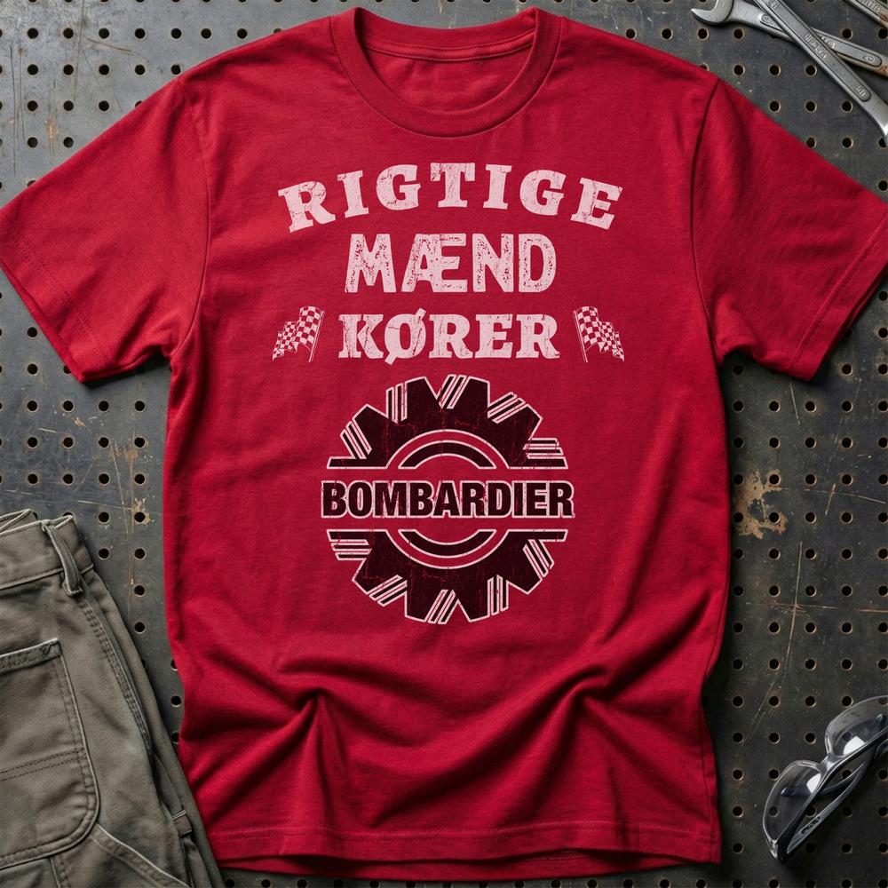 Bombardier Rigtige Mænd Kører - Unisex T-Shirt , Bomuld-Beklædning-Bombardier-Rød-S-Garage Culture Shop- garage - man cave - merchandise
