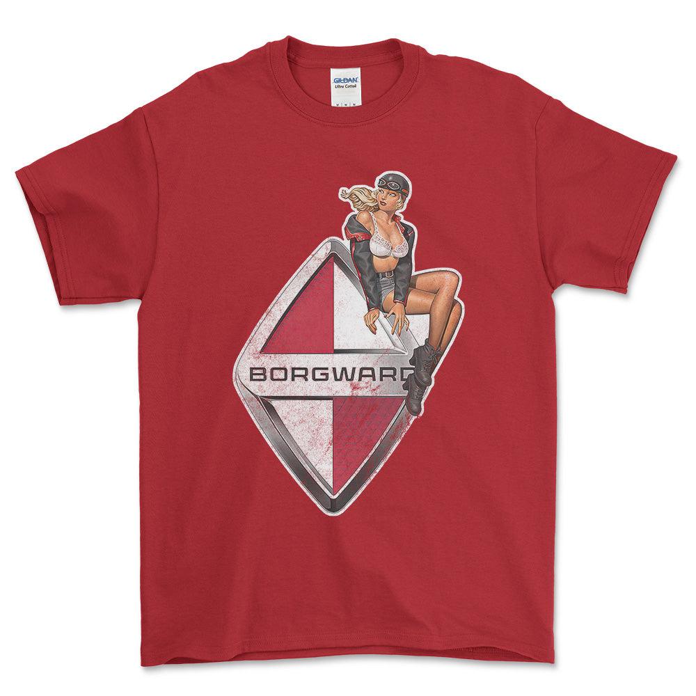 Borgward Pinup - Unisex T-Shirt , Bomuld-Beklædning-Borgward-Rød-S-Forside-Garage Culture Shop- garage - man cave - merchandise