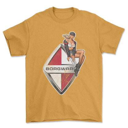 Borgward Pinup - Unisex T-Shirt , Bomuld-Beklædning-Borgward-Guld-S-Forside-Garage Culture Shop- garage - man cave - merchandise