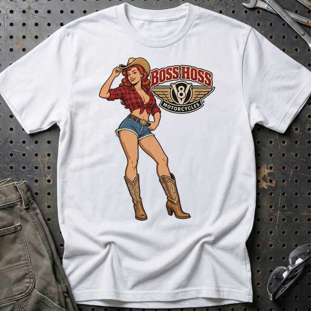 Boss Hoss Cowboy Pinup T-Shirt-Beklædning-Boss Hoss-Hvid-S-Garage Culture Shop- garage - man cave - merchandise