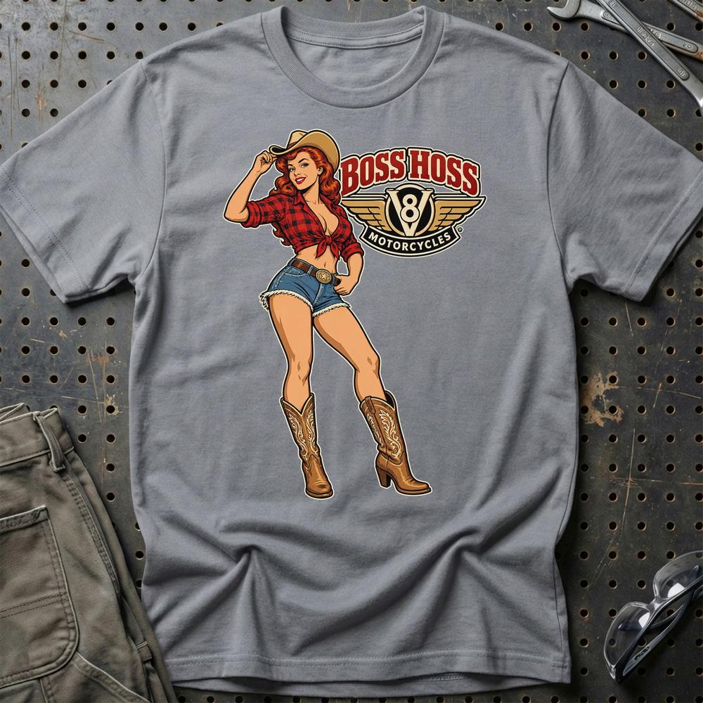Boss Hoss Cowboy Pinup T-Shirt-Beklædning-Boss Hoss-Grå Sport-S-Garage Culture Shop- garage - man cave - merchandise