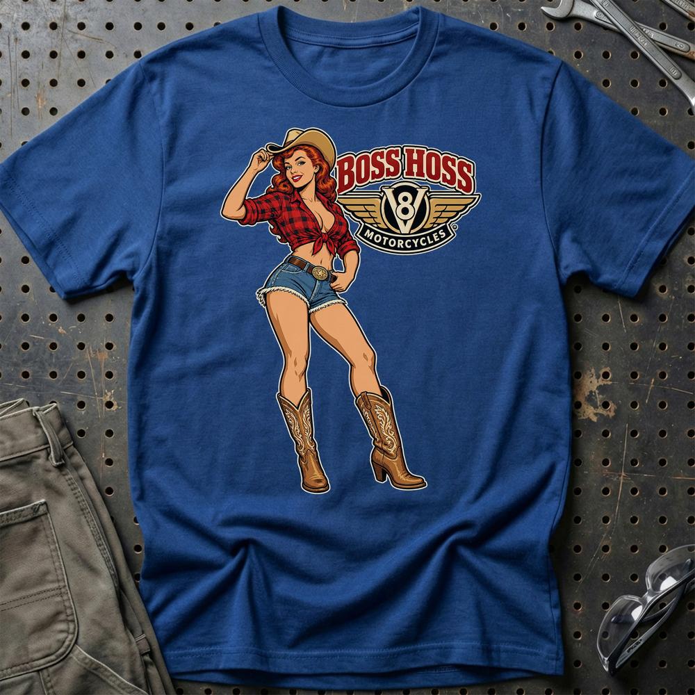Boss Hoss Cowboy Pinup T-Shirt-Beklædning-Boss Hoss-Blå Royal-S-Garage Culture Shop- garage - man cave - merchandise