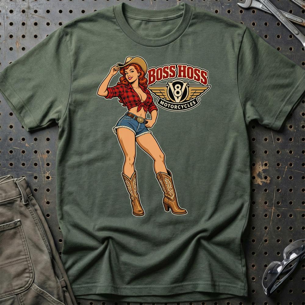 Boss Hoss Cowboy Pinup T-Shirt-Beklædning-Boss Hoss-Grøn Militær-S-Garage Culture Shop- garage - man cave - merchandise