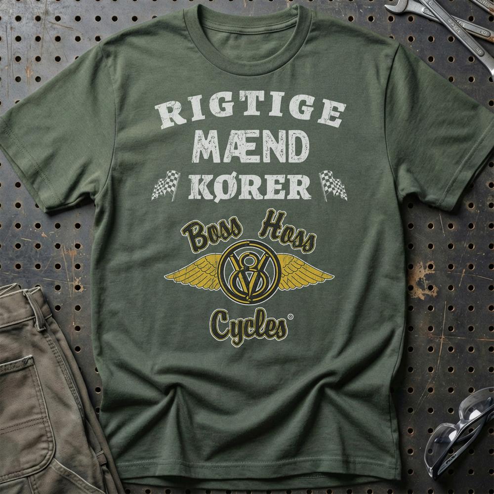 Boss Hoss Rigtige Mænd Kører - Unisex T-Shirt , Bomuld-Beklædning-Boss Hoss-Grøn Militær-S-Garage Culture Shop- garage - man cave - merchandise