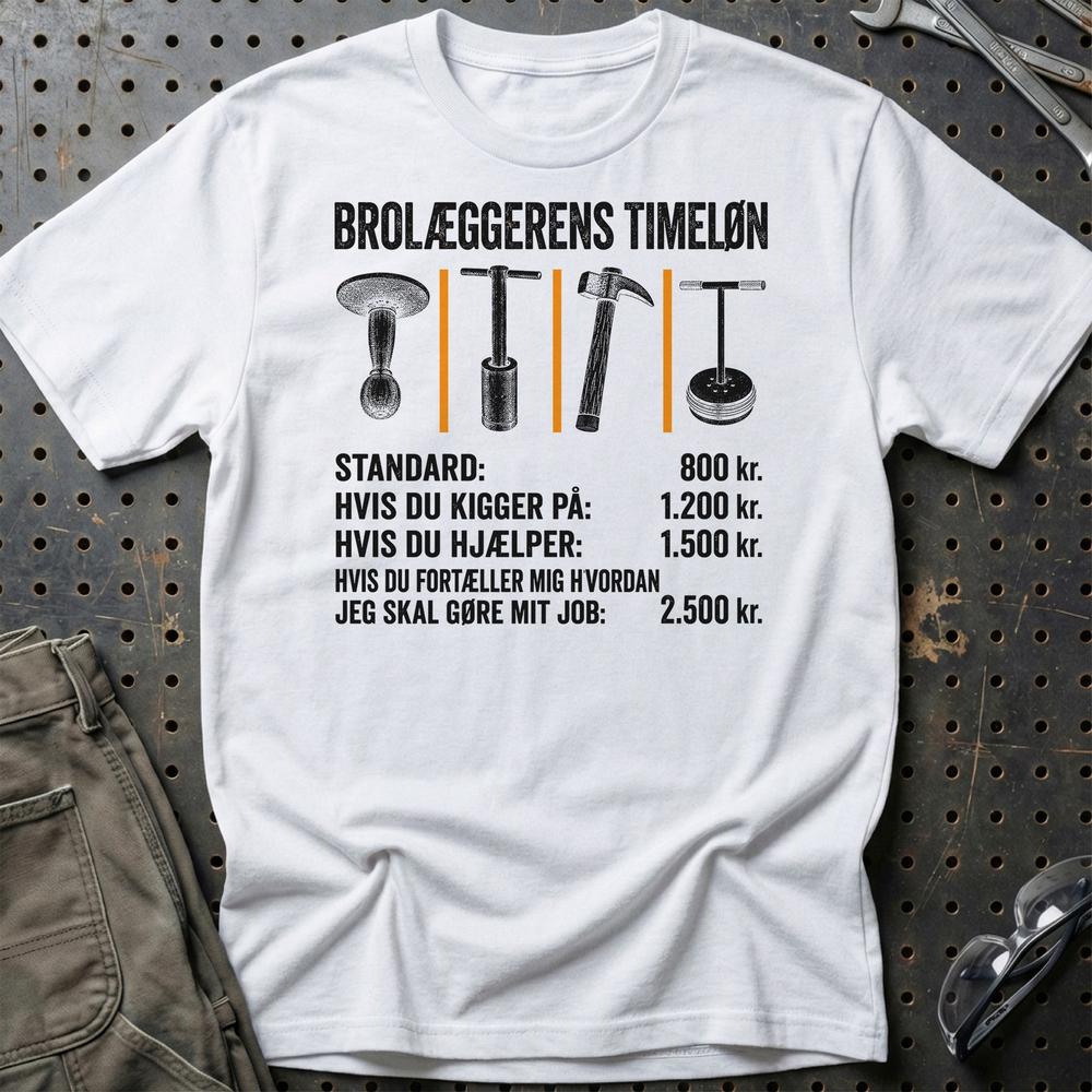 Brolæggerens Timeløn - Unisex T-Shirt , Bomuld-Beklædning-Garage Culture-Hvid-S-Garage Culture Shop- garage - man cave - merchandise