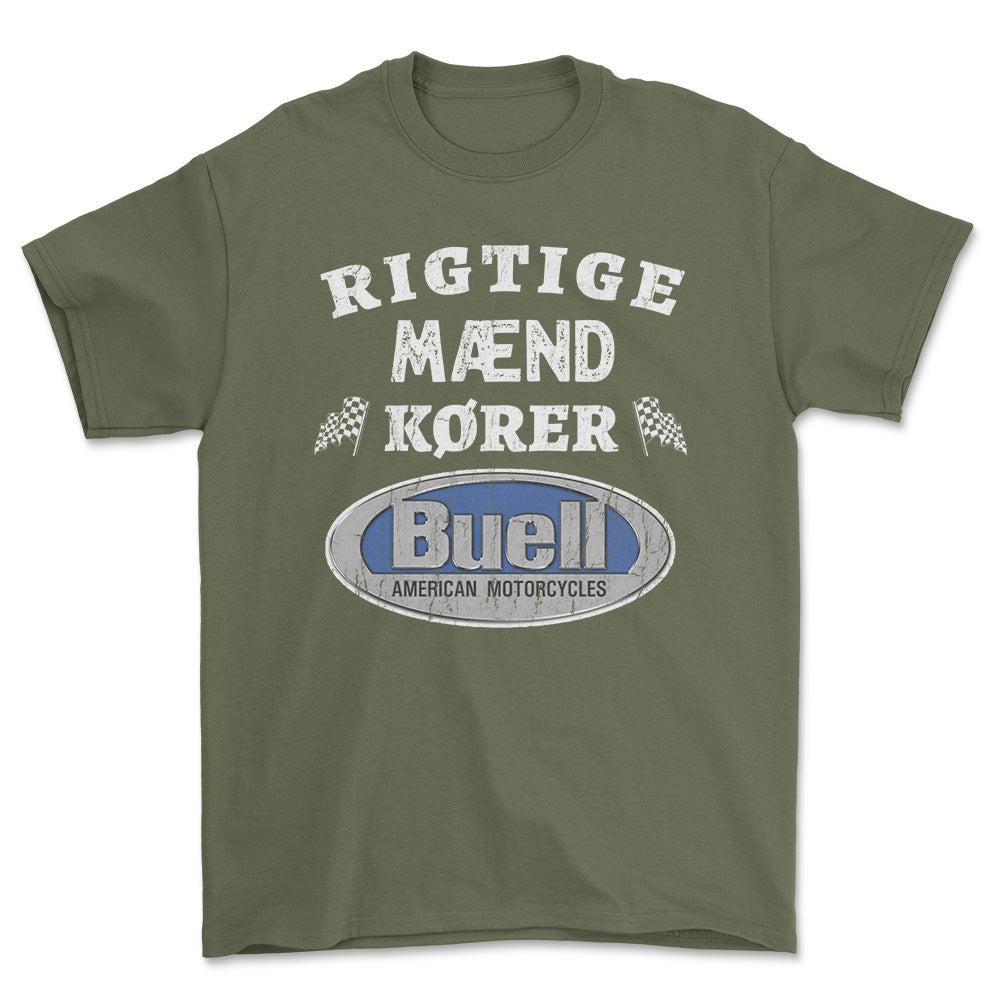 Buell Rigtige Mænd Kører - Unisex T-Shirt , Bomuld-Beklædning-Buell-Grøn Militær-S-Forside-Garage Culture Shop- garage - man cave - merchandise